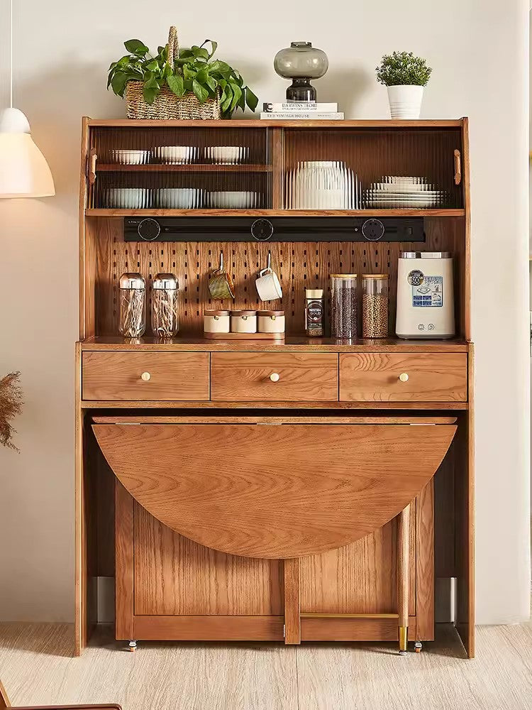 Double Drop Leaf Round Table with 4 Folding Chairs and Sideboard Cabinet